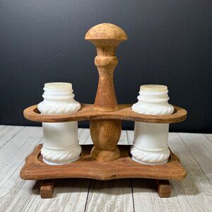 Vintage Milk Glass Salt and Pepper Shakers Rope Design with Wooden Stand